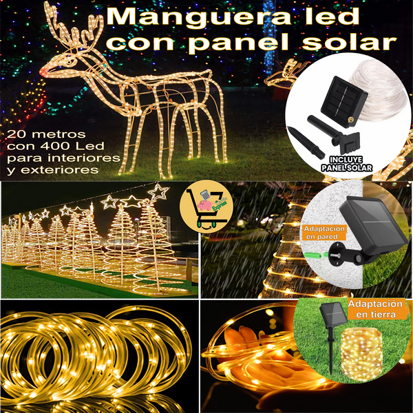 MANGUERA LED CON PANEL SOLAR x 20 metros 🎄🎅🏼